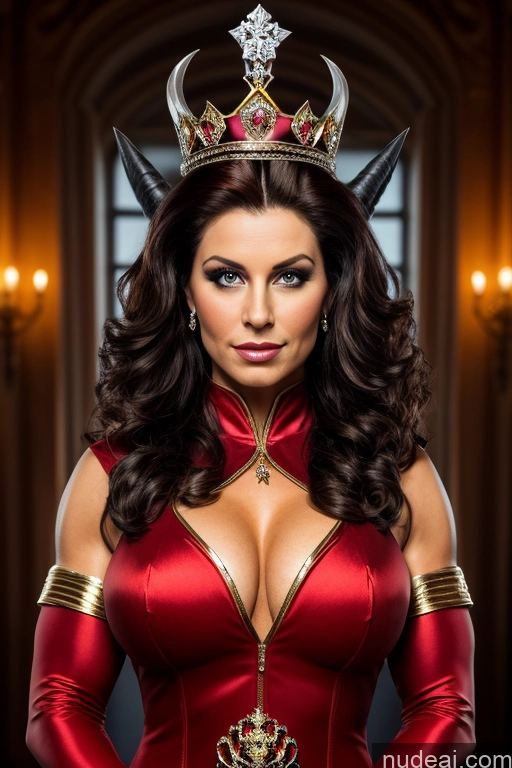 ai nude image of a close up of a woman wearing a red dress and a crown pics of Regal Cosplay Busty Muscular Front View Devil