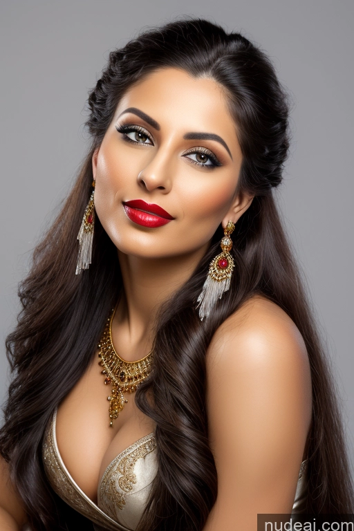 ai nude image of araffe woman with long dark hair and red lipstick posing for a picture pics of Beautiful Lipstick Thick Long Hair Woman 30s Seductive Brunette Indian Bedroom Front View Sari Cleavage Gold Jewelry Detailed Busty Dark Skin Messy Spreading Legs