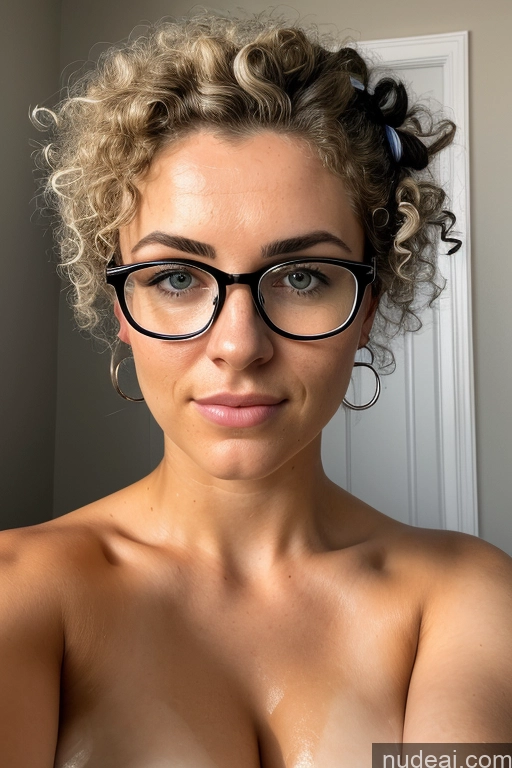 ai nude image of there is a woman with glasses and a big breast posing for a picture pics of One Busty Thick Curly Hair Short 18 Serious Blue Hair Hair Bun White Mirror Selfie Bathroom Front View Nude Bright Lighting Bathing Bikini Woman + Man