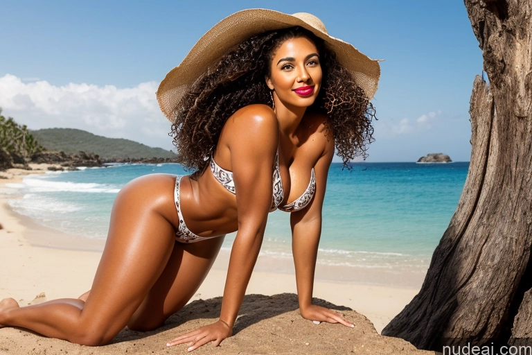 ai nude image of araffe woman in a bikini and hat posing on a beach pics of Big Ass Thick Big Hips Perfect Body Busty Brazilian Mirror Selfie Detailed Seductive Model Messy 20s Perfect Boobs Beautiful Lipstick Curly Hair Tanned Skin Black Hair Back View Jumpsuit