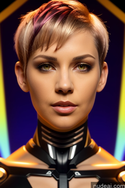 ai nude image of blond woman with short hair wearing a black leather outfit and a collar pics of Perfect Boobs Short Hair Nude Close-up View Rainbow Haired Girl Slicked Dream Mecha Girl Bra Pull Down Cyborg