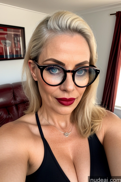 ai nude image of blond woman with glasses and red lipstick posing for a picture pics of Milf Perfect Boobs Beautiful Glasses Lipstick Big Ass 60s Orgasm Seductive Sexy Face Blonde Messy White Mirror Selfie Bedroom Front View Nude