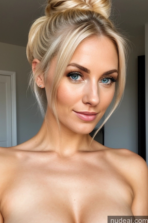 ai nude image of blond woman with big tits posing in a bedroom with a messy bun pics of Small Tits 20s Blonde Perfect Boobs Beautiful Woman Hair Bun Bright Lighting Close-up View