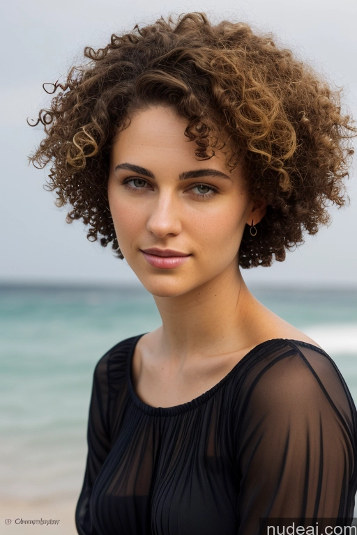 ai nude image of arafed woman with curly hair standing on the beach looking at the camera pics of Woman One Curly Hair Skinny Fairer Skin Big Ass Big Hips Black Hair Nude Small Tits White Slicked 18 Seductive Short Hair