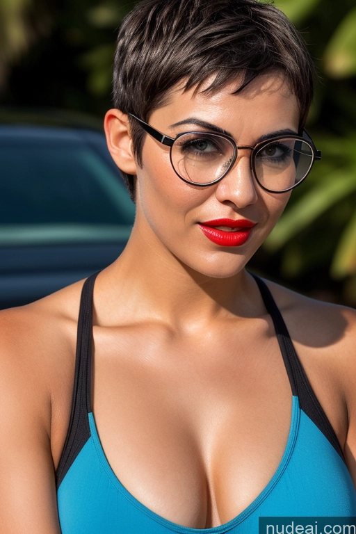 ai nude image of there is a woman with glasses and a blue top posing for a picture pics of Woman One Perfect Boobs Sunglasses Lipstick Beautiful Glasses Short Hair Oiled Body 18 Happy Angry Shocked Sexy Face Black Hair Slicked Skin Detail (beta) Bedroom