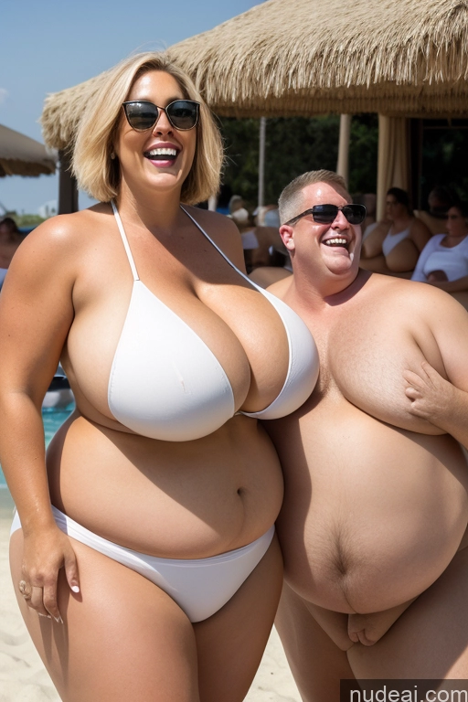 ai nude image of there are two women in bikinis standing on the beach pics of Huge Boobs Perfect Boobs Big Ass Thick Chubby Beautiful Sunglasses Big Hips Perfect Body Short Hair 50s Laughing Blonde Straight White Beach Bikini Several Woman + Man