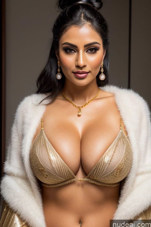 ai nude image of araffed woman in a gold dress and fur coat posing for a picture pics of Busty Perfect Boobs Orgasm Seductive Black Hair Diamond Jewelry Gold Jewelry Pearl Jewelry Sexy Face Transparent Kimono High Socks Fur Cleavage Hair Bun Indian