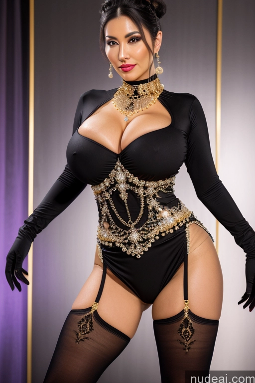 ai nude image of araffe wearing a black and gold outfit with a choke and stockings pics of Milf Busty Perfect Boobs Dance Dress: Belly Dance Gloves Black Hair Diamond Jewelry Gold Jewelry Jewelry Pearl Jewelry Transparent Dress Thigh Socks High Socks Hair Bun Fantasy Armor Korean