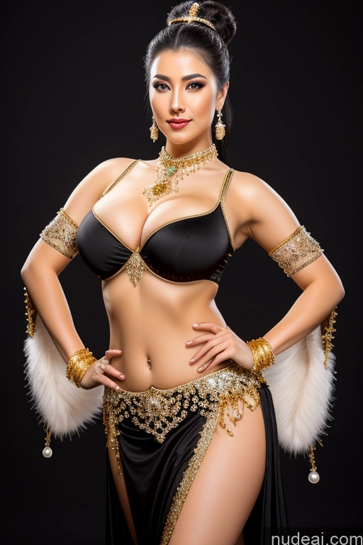 ai nude image of araffe woman in a black and gold outfit posing for a picture pics of Busty Perfect Boobs Dance Dress: Belly Dance Black Hair Diamond Jewelry Gold Jewelry Jewelry Pearl Jewelry Transparent High Socks Hair Bun Fantasy Armor Fur Chinese