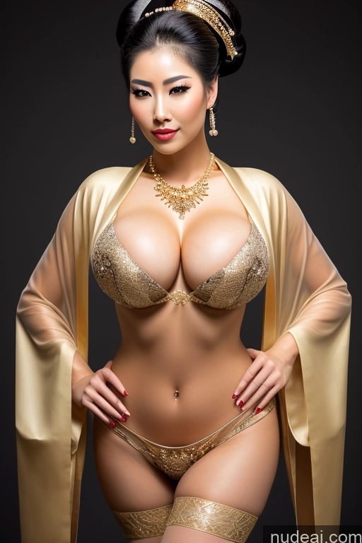 ai nude image of araffed asian woman in a gold costume posing for a picture pics of Busty Perfect Boobs Orgasm Seductive Black Hair Diamond Jewelry Gold Jewelry Pearl Jewelry Sexy Face Transparent High Socks Hair Bun Geisha Fantasy Armor Kimono Asian