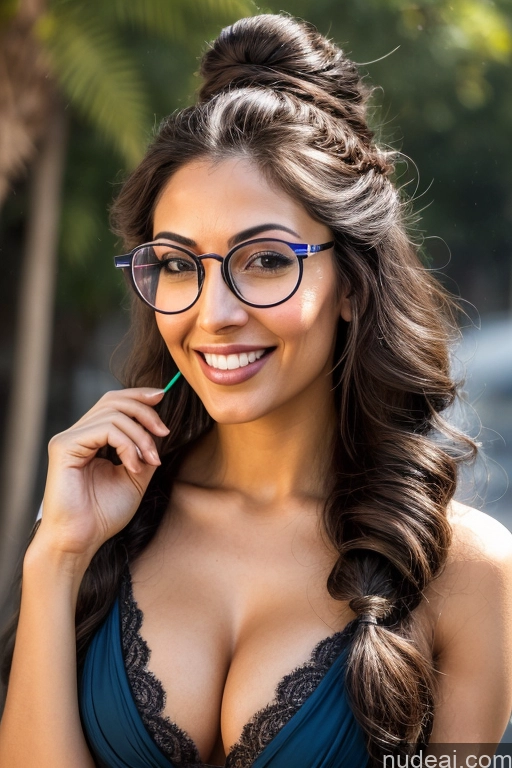 ai nude image of arafed woman with glasses and a blue dress posing for a picture pics of Woman One Perfect Boobs Glasses Beautiful Thick Tall Perfect Body Long Hair Fairer Skin 20s Happy Black Hair Pixie Turkish Cleavage Front View Detailed Western Cumshot