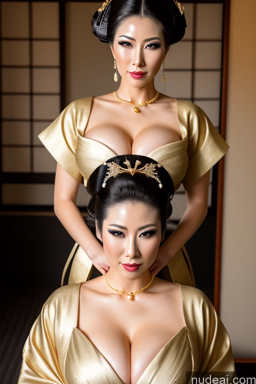 ai nude image of there are two asian women in a gold dress posing for a picture pics of Busty Perfect Boobs Orgasm Seductive Black Hair Diamond Jewelry Gold Jewelry Pearl Jewelry Sexy Face Transparent High Socks Hair Bun Geisha Fantasy Armor Kimono Japanese 30s Wedding