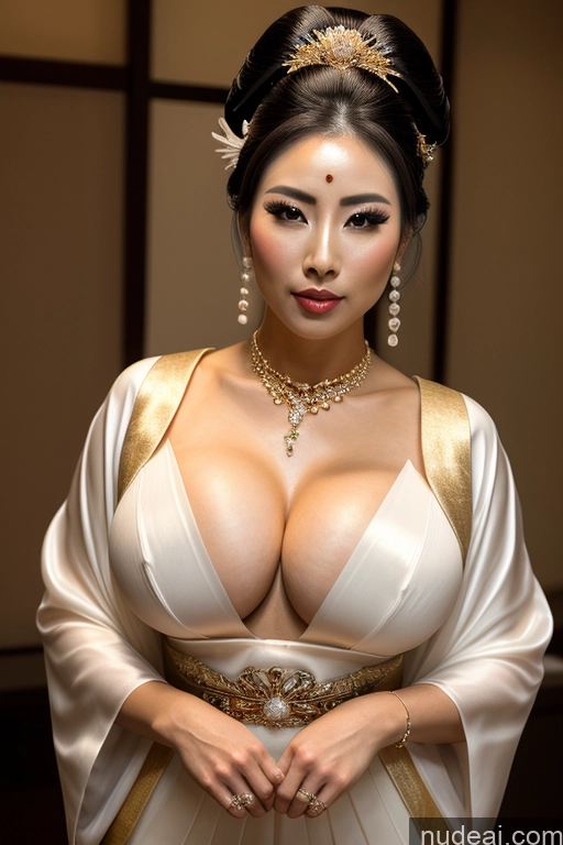 ai nude image of araffe woman in a white dress with a gold belt and a necklace pics of Busty Perfect Boobs Orgasm Seductive Black Hair Diamond Jewelry Gold Jewelry Pearl Jewelry Sexy Face Transparent High Socks Hair Bun Geisha Fantasy Armor Kimono Japanese 30s Wedding Jewelry