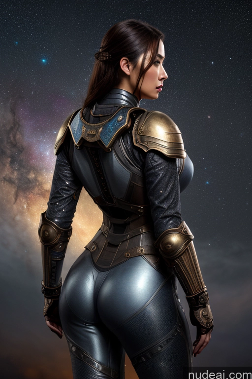 ai nude image of arafed woman in a shiny suit and armor standing in front of a galaxy pics of Dark Lighting Jewelry Steampunk Spandex Military Cosplay Leather Space Suit Alternative Cleavage Knight Seductive Korean Stargazing Back View