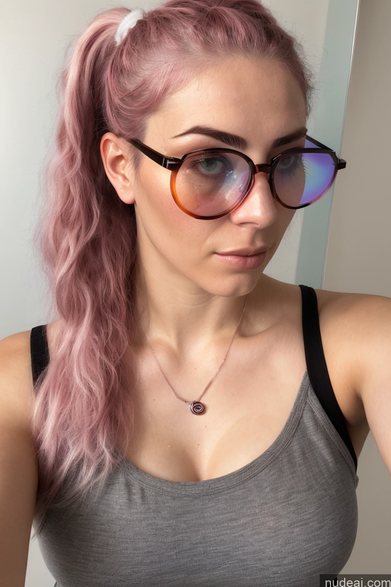 ai nude image of there is a woman with pink hair and glasses looking at her cell phone pics of 18 White Glasses Serious Pink Hair Mirror Selfie Pigtails Bathroom Front View Thong