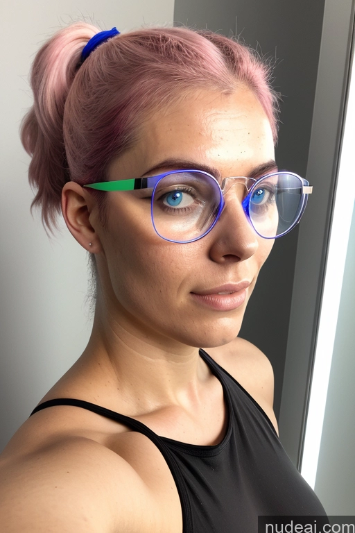 ai nude image of there is a woman with glasses and a pink hair and a black top pics of 18 White Glasses Serious Pink Hair Mirror Selfie Pigtails Bathroom Front View Thong