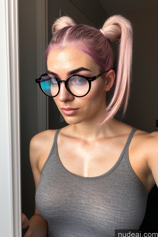 ai nude image of there is a woman with pink hair and glasses looking at the camera pics of 18 White Glasses Serious Pink Hair Mirror Selfie Pigtails Bathroom Front View Thong Bright Lighting Detailed