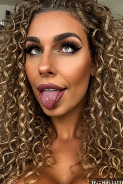 ai nude image of a woman with long curly hair and a big pink tongue pics of 20s Huge Boobs Busty Seductive Ahegao Two Brunette Nude Front View Ponytail Bedroom Milf Curly Hair