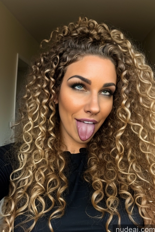 ai nude image of arafed woman with long curly hair sticking out her tongue pics of 20s Huge Boobs Busty Seductive Ahegao Two Brunette Nude Front View Ponytail Bedroom Milf Curly Hair