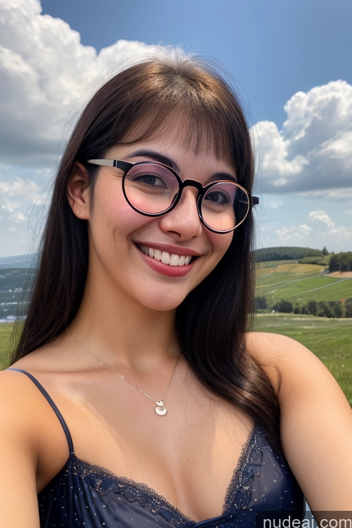 ai nude image of smiling woman in glasses posing for a picture in a field pics of Woman One Small Tits Beautiful Glasses Big Ass 18 Happy Black Hair Bangs Stargazing Meadow Front View Sundress Topless Jewelry Bright Lighting Korean