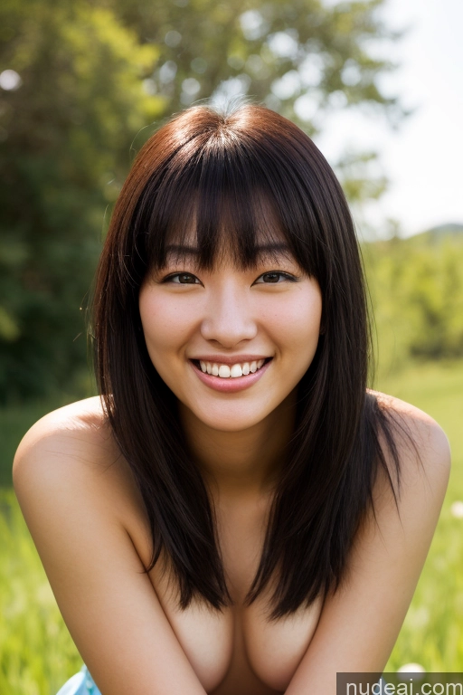 ai nude image of arafed asian woman with a nice smile posing for a picture pics of Woman One Small Tits Beautiful Big Ass 18 Happy Black Hair Bangs Meadow Front View Sundress Topless Jewelry Bright Lighting Korean Skin Detail (beta)