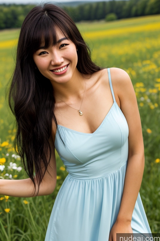 ai nude image of arafed woman in a blue dress standing in a field of flowers pics of Woman One Small Tits Beautiful Big Ass 18 Happy Black Hair Bangs Meadow Front View Sundress Topless Jewelry Bright Lighting Korean Skin Detail (beta)