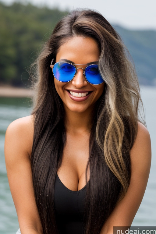 ai nude image of arafed woman with sunglasses on smiling while sitting on a boat pics of Woman One Perfect Boobs Glasses Beautiful Big Ass Big Hips Thick Tall Perfect Body Fairer Skin Long Hair 20s Laughing Black Hair Bangs Turkish Front View Bending Over Golf