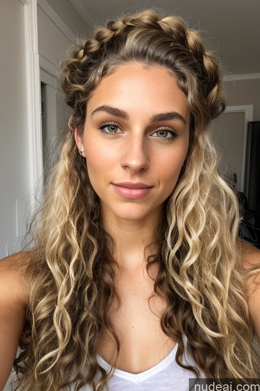 ai nude image of a close up of a woman with long hair and a white tank top pics of One Woman Skinny Curly Hair Long Hair Small Tits 18 Blonde Mirror Selfie Bedroom Nude Dark Lighting Detailed Partially Nude