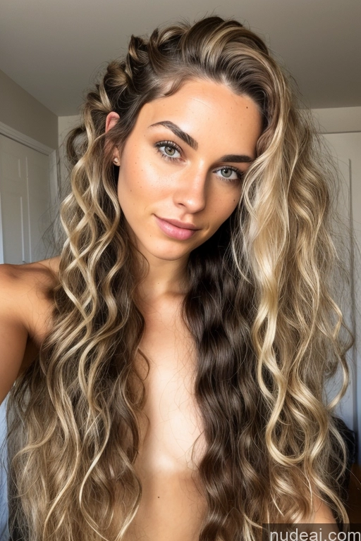 ai nude image of a close up of a woman with long hair and a braid pics of One Woman Skinny Curly Hair Long Hair Small Tits 18 Blonde Mirror Selfie Bedroom Nude Dark Lighting Detailed Partially Nude Spreading Legs