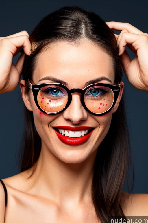 ai nude image of smiling woman with glasses and red lipstick holding her hair up pics of Woman One Small Tits Pubic Hair 20s Laughing Brunette Messy Nude High Heels Big Ass Lipstick Glasses