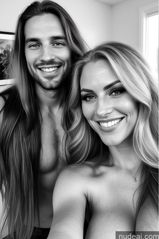 ai nude image of arafed man and woman posing for a picture in a black and white photo pics of Woman + Man Two Perfect Boobs Skinny Long Hair 30s Happy Blonde Straight White Mirror Selfie Bedroom Front View Blowjob Nude Bright Lighting Detailed