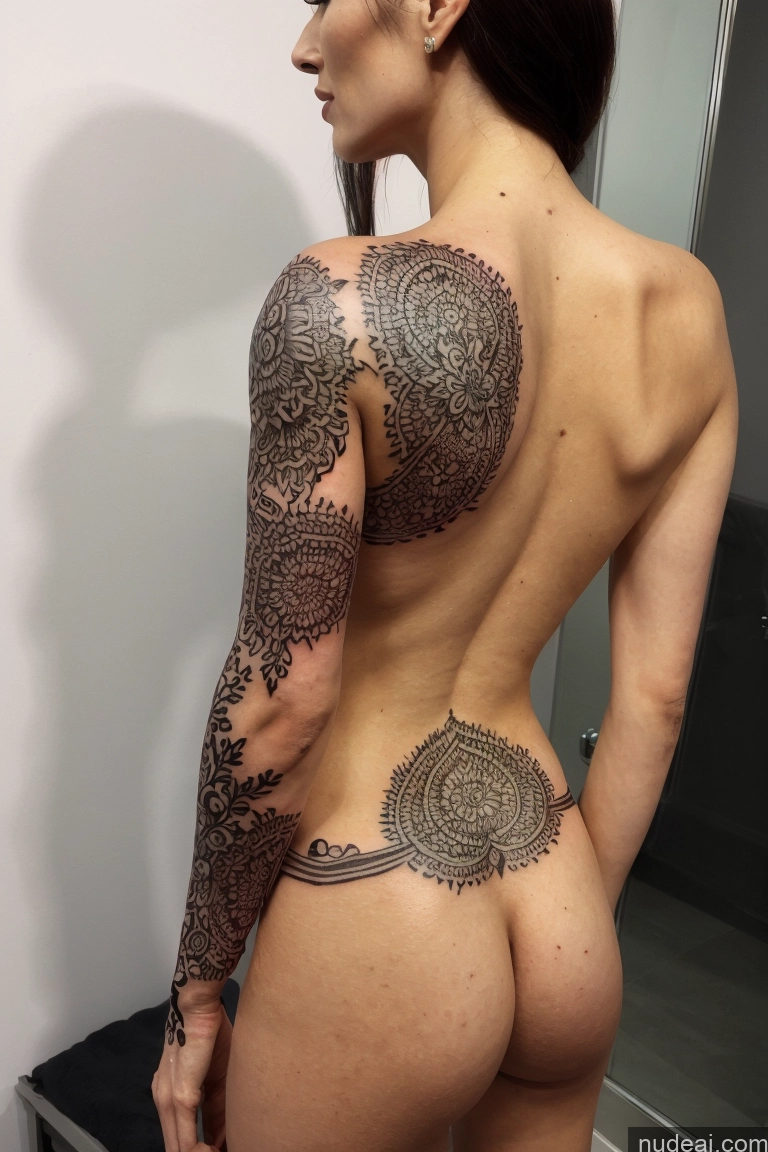 ai nude image of arafed woman with a tattoo on her back and a tattoo on her arm pics of One Busty Seductive Brunette Straight Mirror Selfie Bathroom Nude Transparent Detailed Alternative Milf Pubic Hair Sexy Face French Tattoos Long Legs 20s