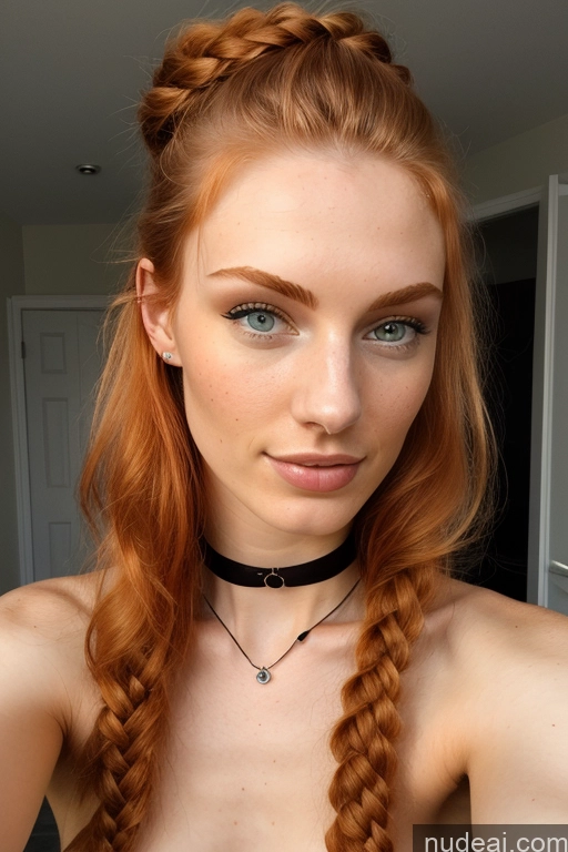 ai nude image of redhead haired woman with long braid hair and choker posing for a picture pics of 18 Ginger Small Tits Skinny Seductive Nude Choker Two Dutch Front View Braided