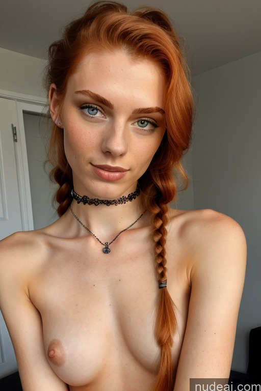 ai nude image of arafed redhead woman with a braid in a bedroom pics of 18 Ginger Small Tits Skinny Seductive Nude Choker Two Dutch Front View Braided