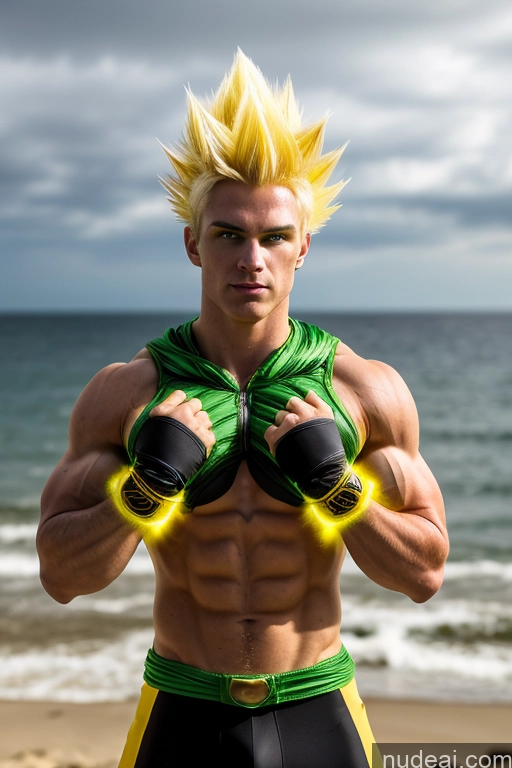 Super Saiyan 3 Muscular Cosplay Busty 18 Super Saiyan Science Fiction Style Neon Lights Clothes: Yellow Neon Lights Clothes: Orange Neon Lights Clothes: Red Dynamic View Space