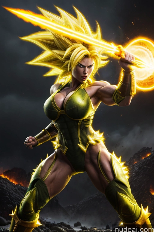 Super Saiyan 3 Powering Up Busty Muscular Super Saiyan Regal Neon Lights Clothes: Yellow Battlefield