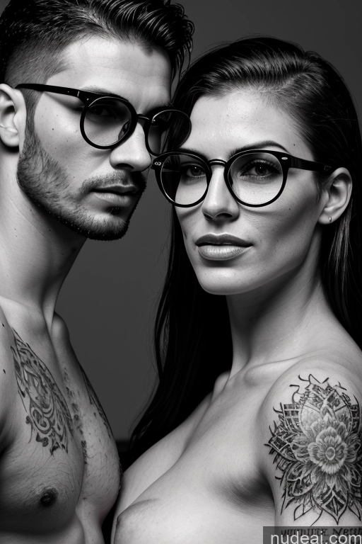 ai nude image of arafed man and woman with tattoos and glasses posing for a picture pics of Two Busty Tall Oiled Body 18 Messy Beach Nude Dark Lighting Detailed Hungarian Orgasm Pink Hair 3d Woman + Man Glasses Tattoos Side View Cumshot