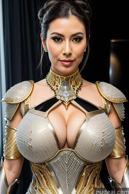 ai nude image of araffe woman in a silver and gold costume posing for a picture pics of Busty Perfect Boobs Hair Bun Diamond Jewelry Gold Jewelry Jewelry Pearl Jewelry Black Hair Sci-fi Armor Transparent Japanese Milf Dress