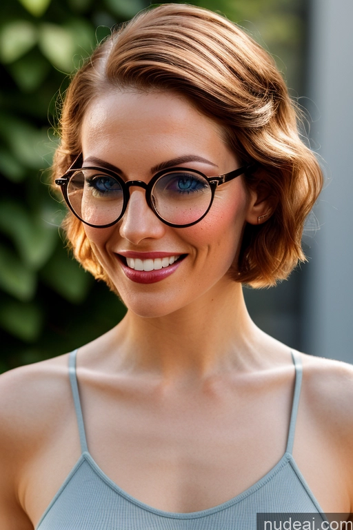 ai nude image of smiling woman with glasses and a blue top in front of a bush pics of Model 20s One Small Tits Glasses Small Ass Skinny Perfect Body Short Hair Happy Seductive Ginger Pigtails Russian Vintage