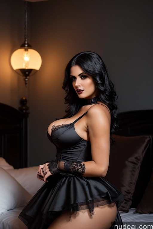 ai nude image of araffe woman in a black dress sitting on a bed pics of One Athlete Perfect Boobs Busty Beautiful 20s Seductive Sexy Face Big Ass Nude Vampire Victorian Goth Gals V2 Simple Dark Lighting Black Hair Goth Bedroom Turkish