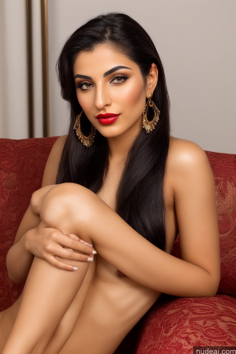 ai nude image of araffed woman with long black hair sitting on a red couch pics of Woman One Small Tits Beautiful Lipstick Small Ass 18 Black Hair Arabic Couch Close-up View Ponytail Seductive Gold Jewelry