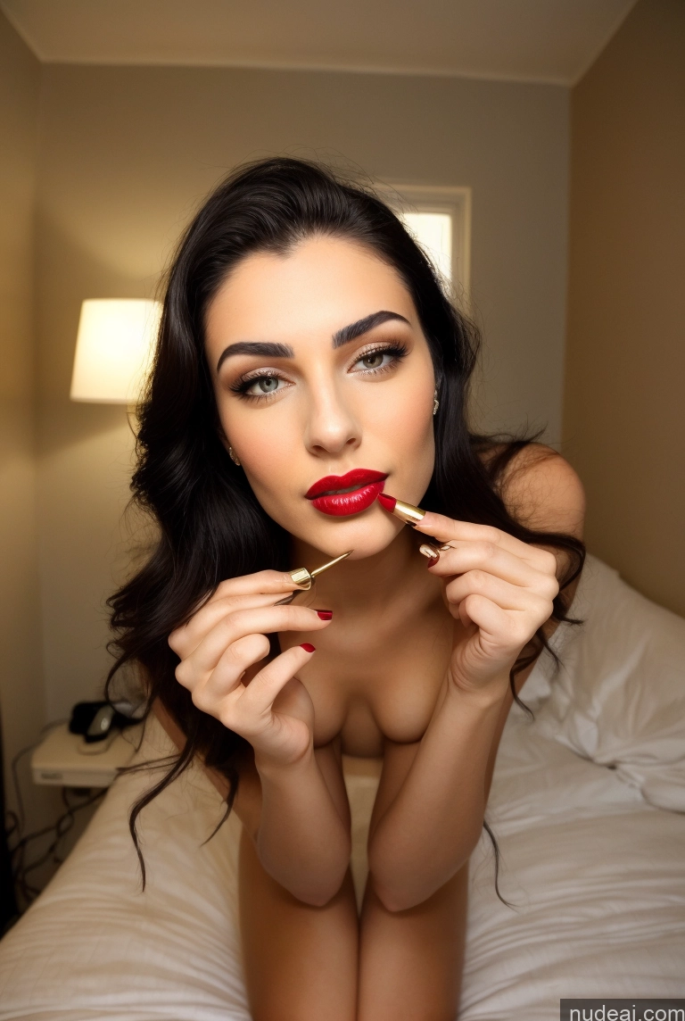 ai nude image of there is a woman that is sitting on a bed with lipstick on her lips pics of Woman One Beautiful Lipstick Small Ass 18 Black Hair Egyptian Close-up View Nude Small Tits Bedroom Gold Jewelry Shocked Straight