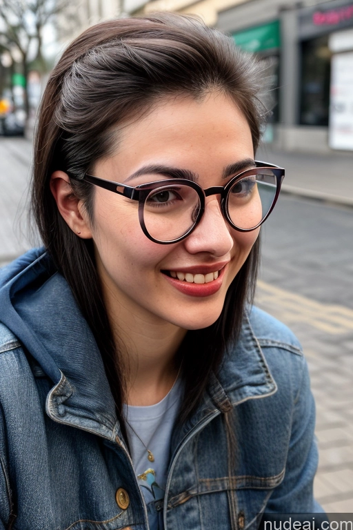 ai nude image of smiling woman in glasses and denim jacket on a city street pics of Woman Several Small Tits Small Ass Pubic Hair 18 Happy Black Hair Bangs Korean Soft + Warm Meadow Front View Cumshot Nude Topless Jewelry Bright Lighting Glasses