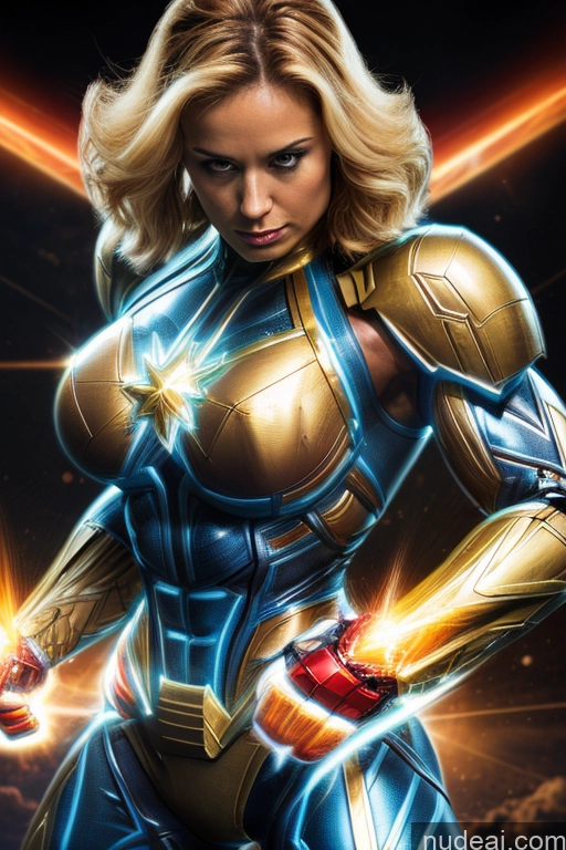 Captain Marvel Busty Superhero Powering Up Blonde Cosplay Science Fiction Style Bodybuilder Abs Space Perfect Boobs Heat Vision SuperMecha: A-Mecha Musume A素体机娘 Neon Lights Clothes: Blue