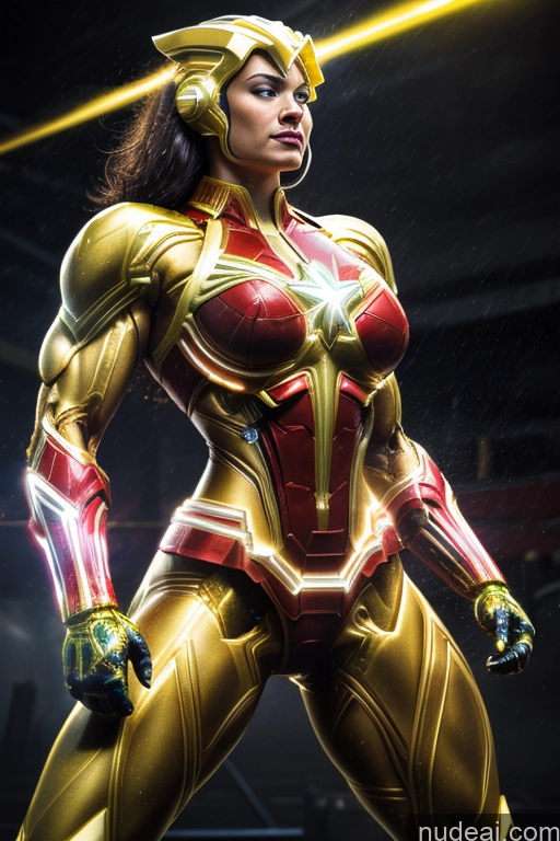 ai nude image of a close up of a woman in a gold suit with a sword pics of Captain Marvel Busty Superhero Powering Up Cosplay Science Fiction Style Bodybuilder Abs Perfect Boobs Heat Vision SuperMecha: A-Mecha Musume A素体机娘 Neon Lights Clothes: Yellow Shower