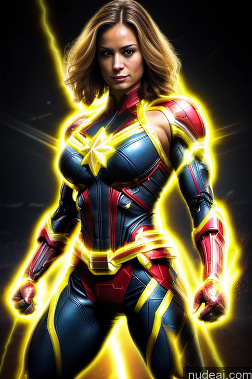 Captain Marvel Busty Superhero Powering Up Cosplay Science Fiction Style Bodybuilder Abs Perfect Boobs Heat Vision SuperMecha: A-Mecha Musume A素体机娘 Neon Lights Clothes: Yellow Shower