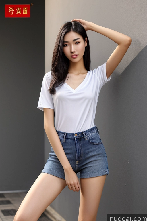 ai nude image of arafed asian woman in white shirt and denim shorts posing for a picture pics of Small Tits Tall Skinny Fairer Skin 18 Black Hair Straight Chinese Model Doctor Jeans Shirt Short Shorts