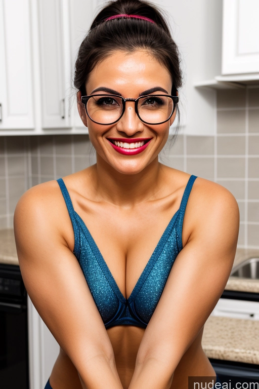 ai nude image of there is a woman in a blue bikini and glasses posing for a picture pics of Woman One Beautiful Glasses Thick Perfect Body Tall Fairer Skin Black Hair Ponytail Kitchen Front View Spreading Legs Turkish Pajamas Cleavage 30s Happy