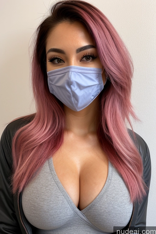 ai nude image of arafed woman with pink hair wearing a mask and a gray top pics of Perfect Boobs Big Ass Short Pink Hair Skinny Front View 18 Straight Dark Lighting Sorority Busty Beautiful Korean Face Mask Jacket