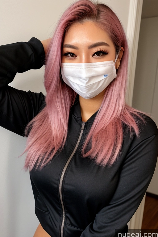 ai nude image of arafed woman with pink hair wearing a face mask pics of Perfect Boobs Big Ass Short Pink Hair Skinny Front View 18 Straight Dark Lighting Sorority Busty Beautiful Korean Face Mask Jacket